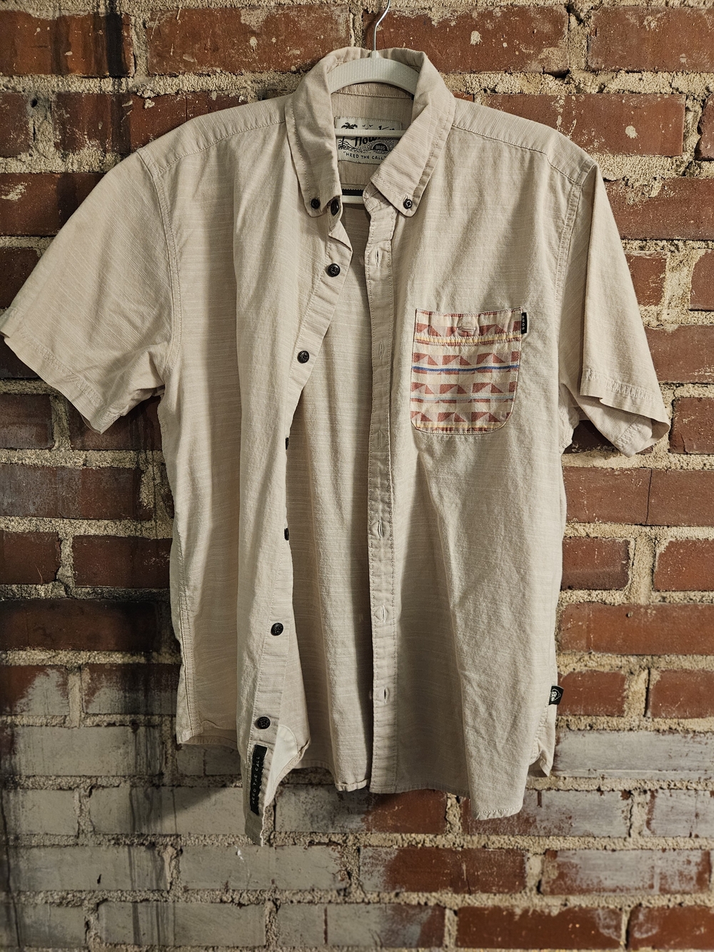 Men's Howler Bros. Short-Sleeve Button-Up Shirt in Cream with Patterned Pocket